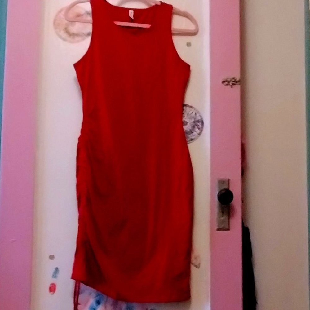 Missufe (S) Ruched Drawstring Asymmetrical Dress - Red